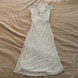 Y2K Vintage Guess Jeans Light Blue Floral Midi Dress With Brown Floral Details